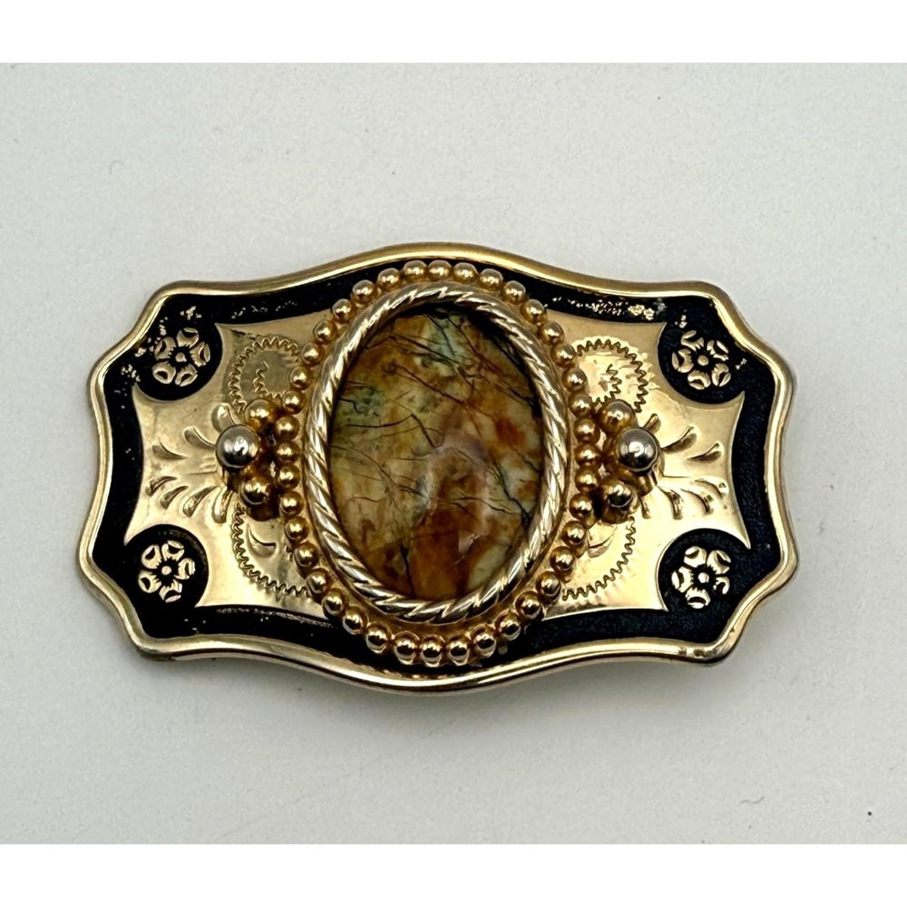 Vintage Western Belt Buckle Gold Tone Black Enamel Agate Stone